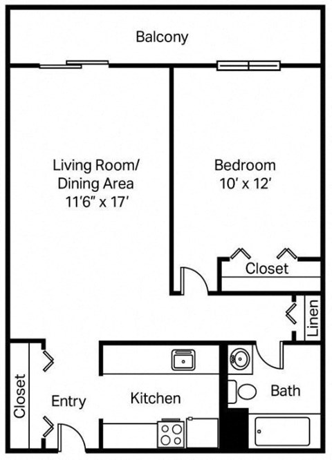 Floor plan for 1 bed, 1 bath, 684 sqft